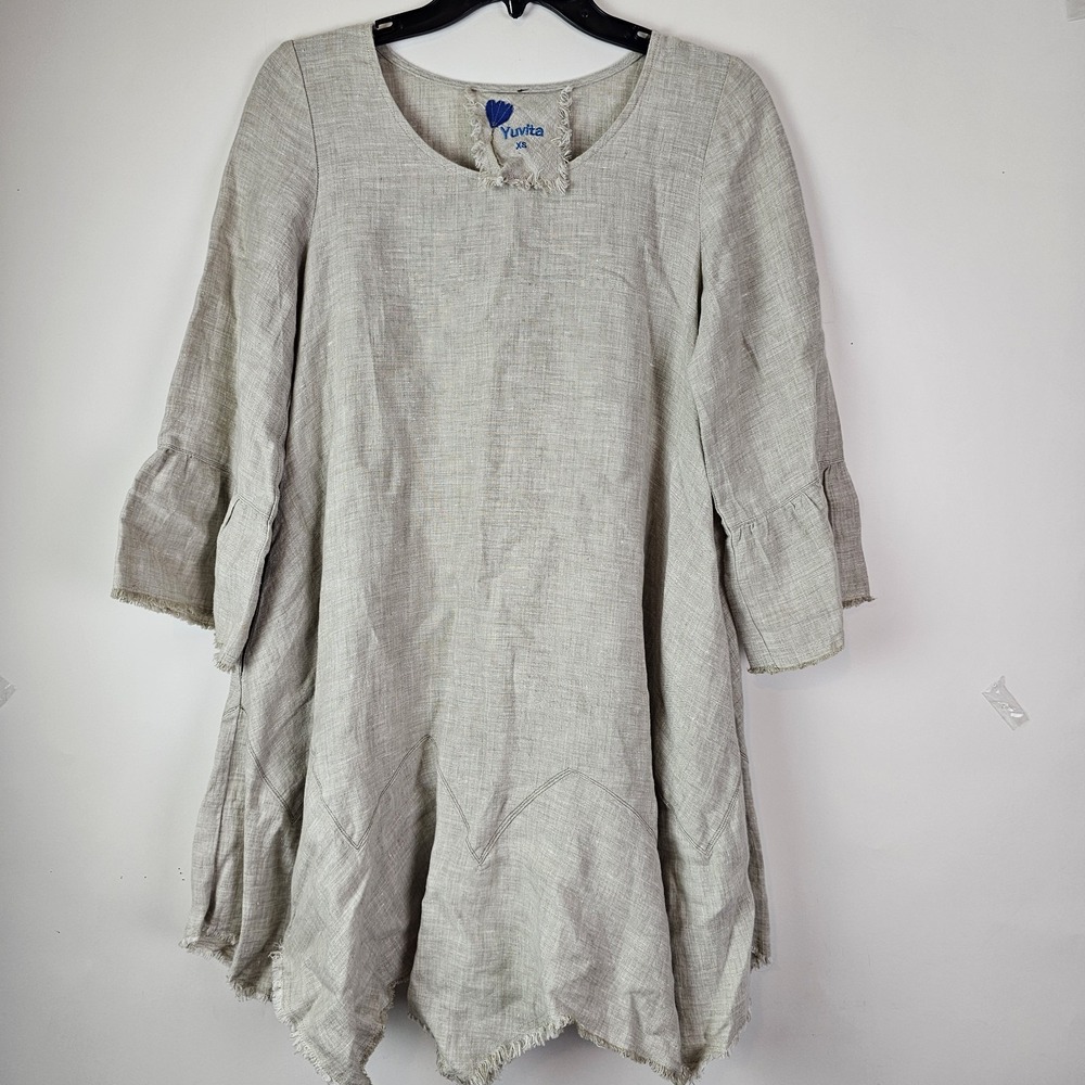 Yuvita 100% Linen Tunic Top Dress Sz XS Bell Sleeves Beige Bohemian Lagenlook LS